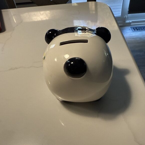 Adorable PANDA BEAR Ceramic PIGGY-BANK With Pink And Yellow Flower White/Black - Picture 4 of 8